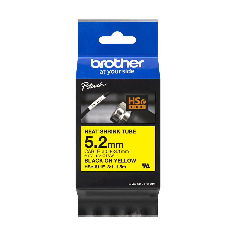 Gaine thermorétractable Brother HSe-211E / HSE211E, noir sur blanc, 5,2 mm x 1,5 m