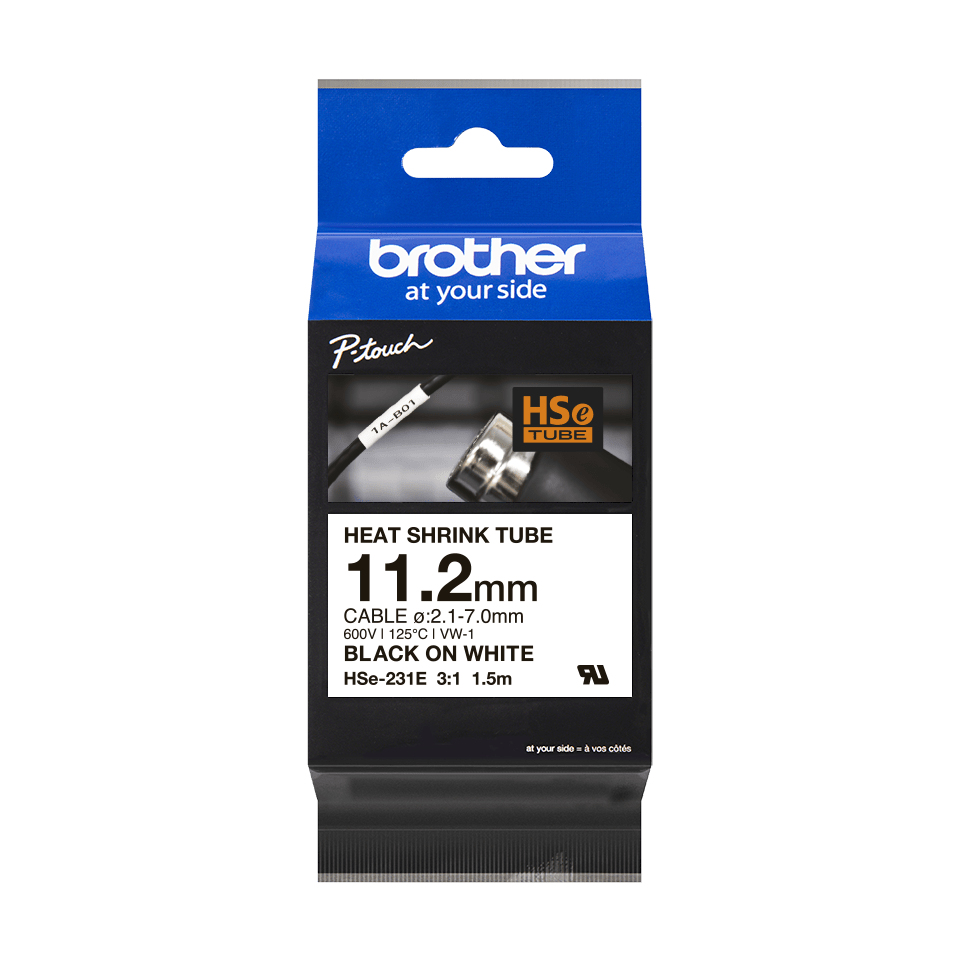 Gaine thermorétractable Brother HSe-231E / HSE231E, noir sur blanc, 11,2 mm x 1,5 m