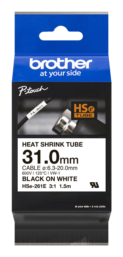Gaine thermorétractable Brother HSe-261E / HSE261E, noir sur blanc, 31,0 mm x 1,5 m