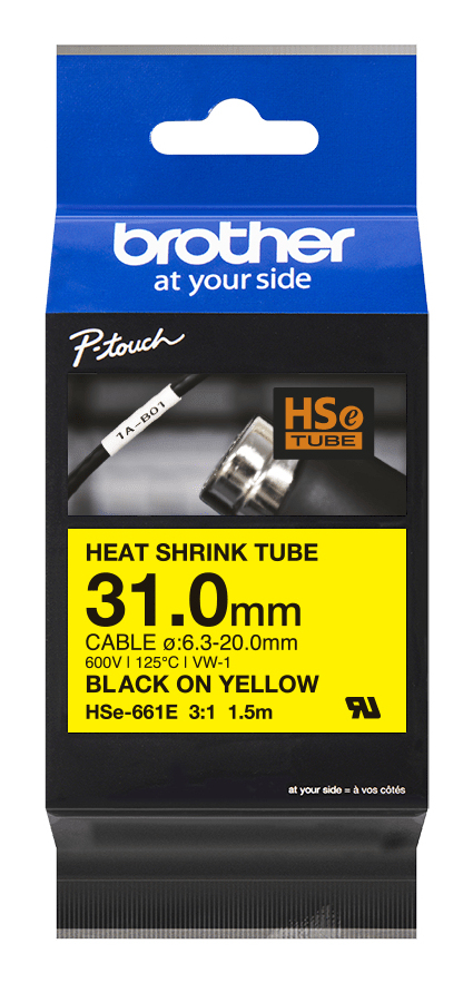 Brother HSe-661E / HSE661E heat shrink tube, black on yellow, 31.0 mm x 1.5 m