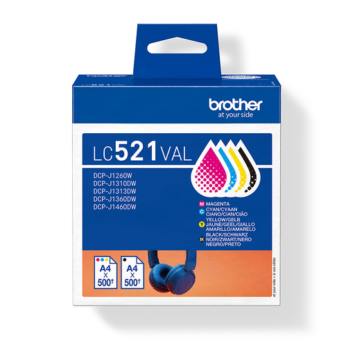 Pack cartouches d'encre Brother LC-521VAL / LC521VAL, 4 couleurs, 500 pages
