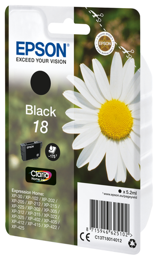 Cartouche d'encre Epson 18 / C13T18014012 noire, 175 pages