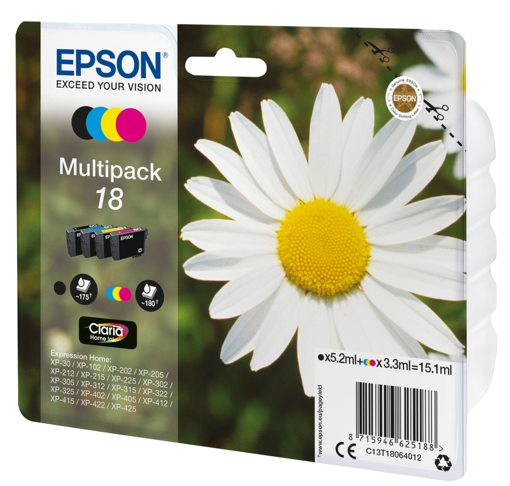 Cartouche d'encre Epson 18 / C13T18064012 4 couleurs, 175 pages