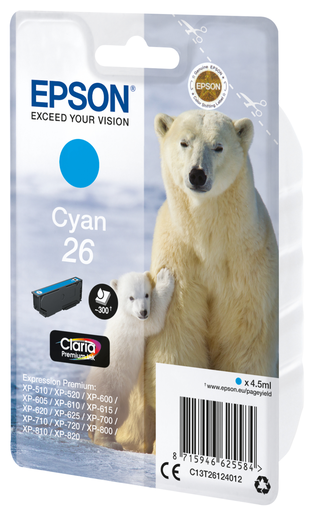 Tintenpatrone Epson 26 / C13T26124012 Cyan, 300 Seiten
