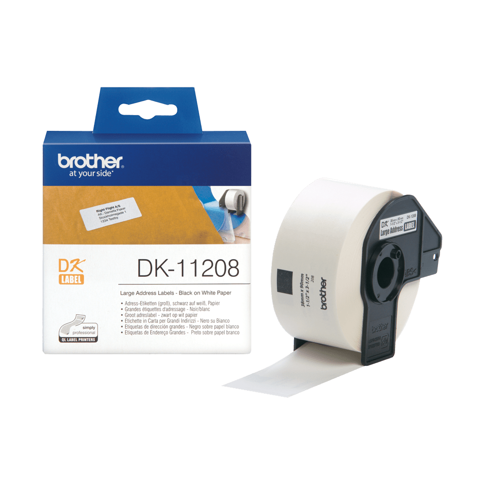Étiquettes prédécoupées Brother DK-11208 / DK11208, noir sur blanc, 38 x 90 mm, 400 étiquettes