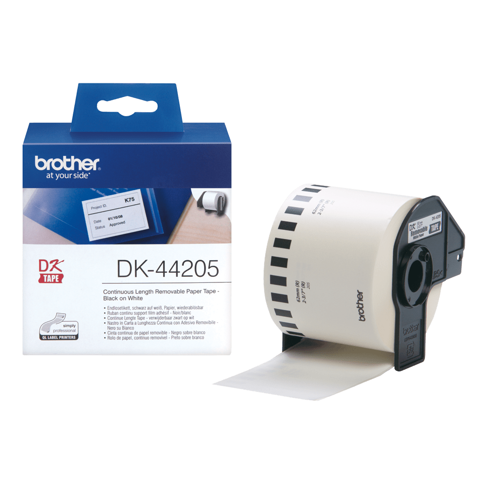 Rouleau continu papier repositionnable Brother DK-44205 / DK44205, noir sur blanc, 62 mm x 30,48 m