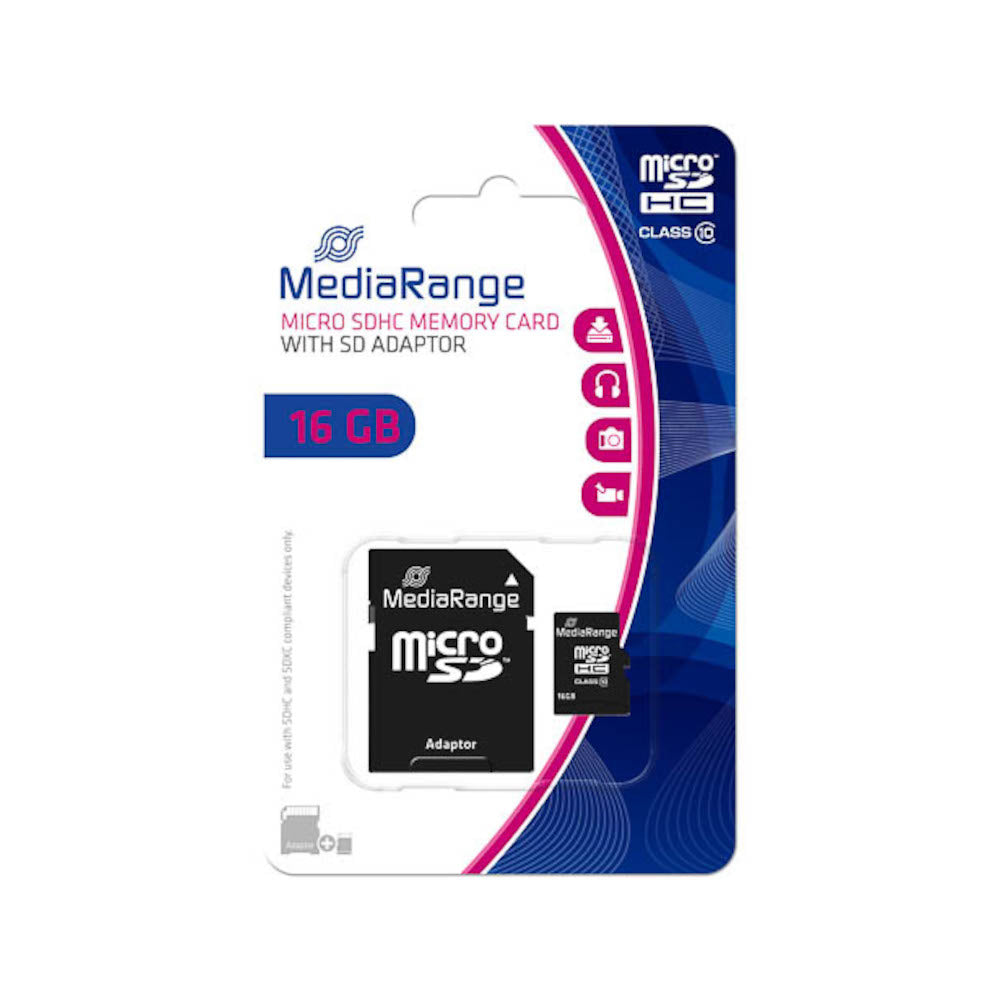 MediaRange MR958 microSDHC memory card with SD adapter, 16 GB, Class 10