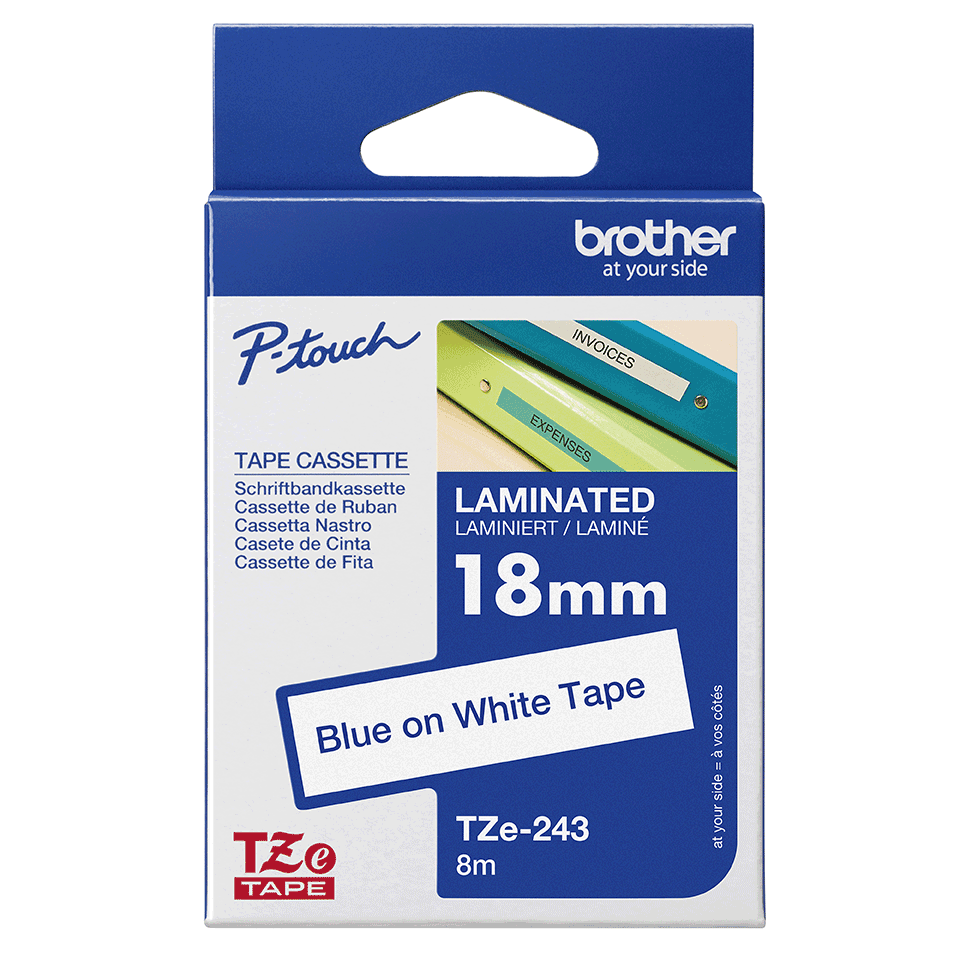 Ruban laminé Brother TZe-243 / TZE243, bleu sur blanc, 18 mm x 8 m