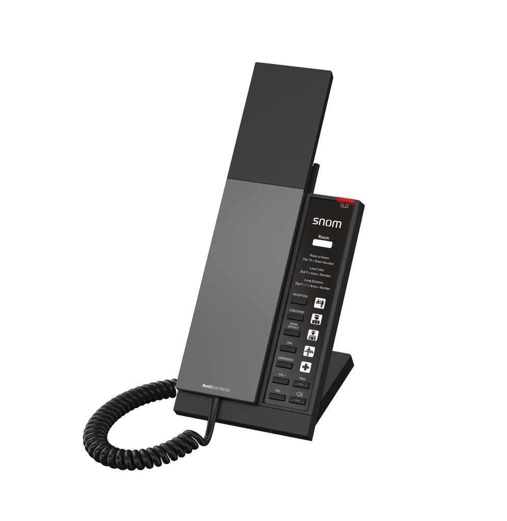 Snom HD340 SIP hotel phone, corded handset, 5 hotel service keys, hands-free, antibacterial housing