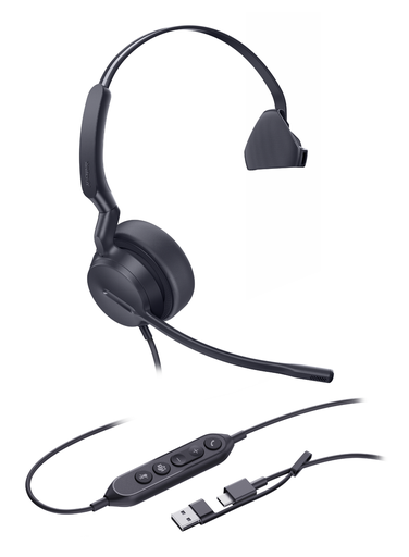 Yealink UH42 Mono Teams USB wired headset, monaural, 35 mm speaker, USB-C and USB-A, Teams certified