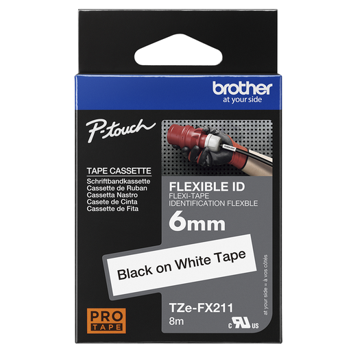 Ruban flexible Brother TZe-FX211 / TZEFX211, noir sur blanc, 6 mm x 8 m