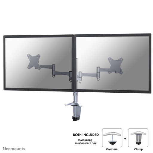 Bras support d'écran Neomounts FPMA-D1330DSILVER, 10 à 27 pouces, jusqu'à 9 kg, 2 écrans, VESA 75x75 à 100x100