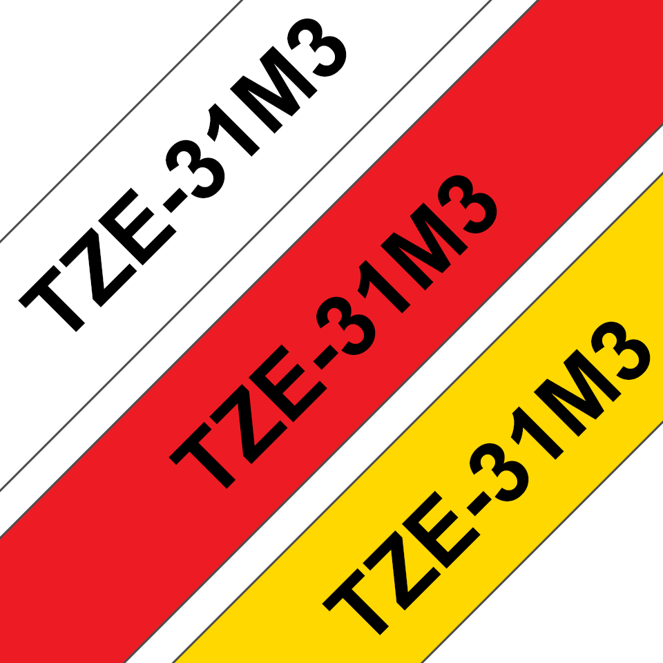 Brother Schriftband laminiert TZe-31M3 / TZE31M3, schwarz auf rot, weiß und gelb, 12 mm x 8 m (3 Kassetten)