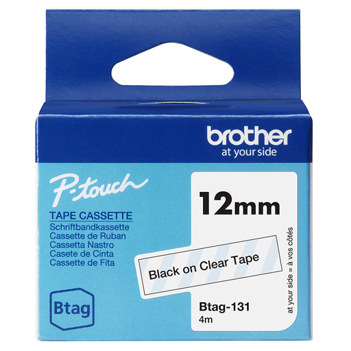 Ruban non laminé Brother BTAG-131 / BTAG131, noir sur transparent, 12 mm