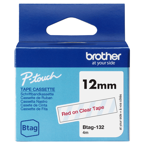 Ruban non laminé Brother BTAG-132 / BTAG132, rouge sur transparent, 12 mm