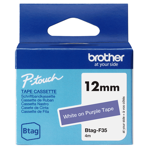 Ruban non laminé Brother BTAG-F35 / BTAGF35, blanc sur violet, 12 mm