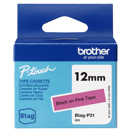 Ruban non laminé Brother BTAG-P31 / BTAGP31, noir sur rose, 12 mm