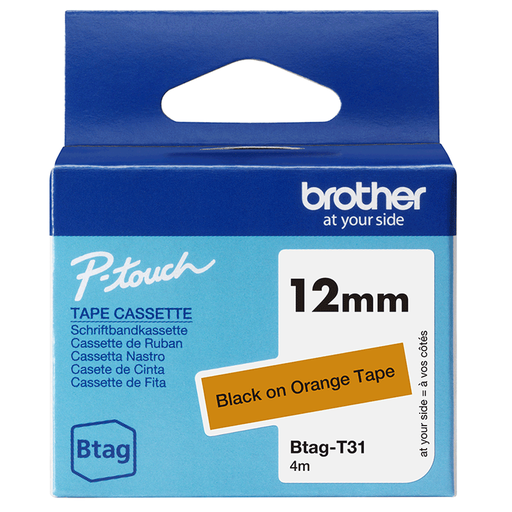 Brother BTAG-T31 / BTAGT31 non-laminated tape, black on orange, 12 mm